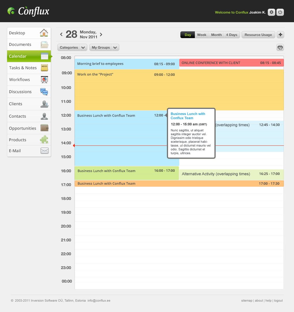 Conflux day calendar showing overlapping events and an event detail popover