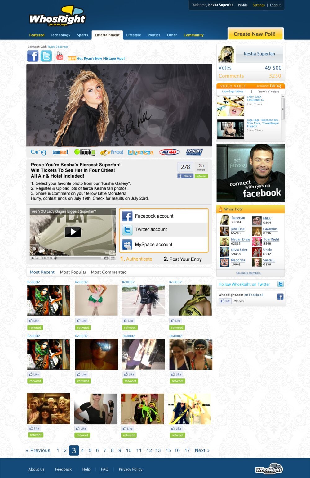 Kesha Superfan competition interface with account sign-in, photo entries, voting and sharing controls