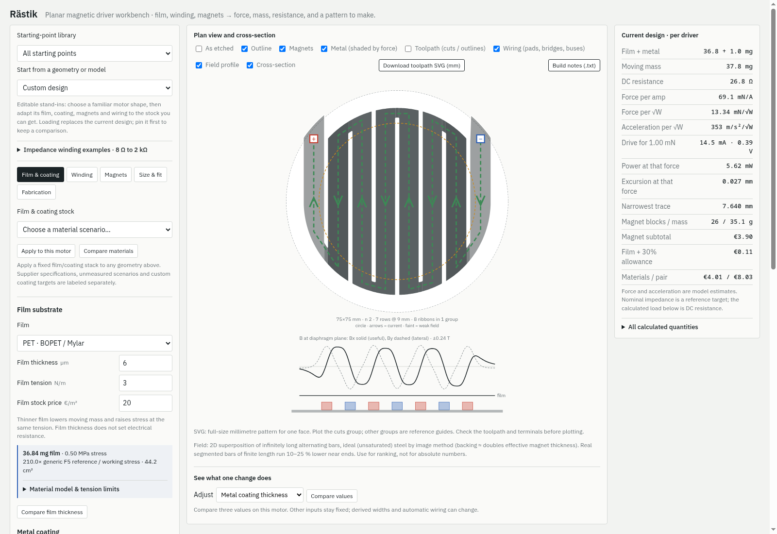 Rästik driver-design workbench with material controls, conductor geometry, field cross-section and calculated results