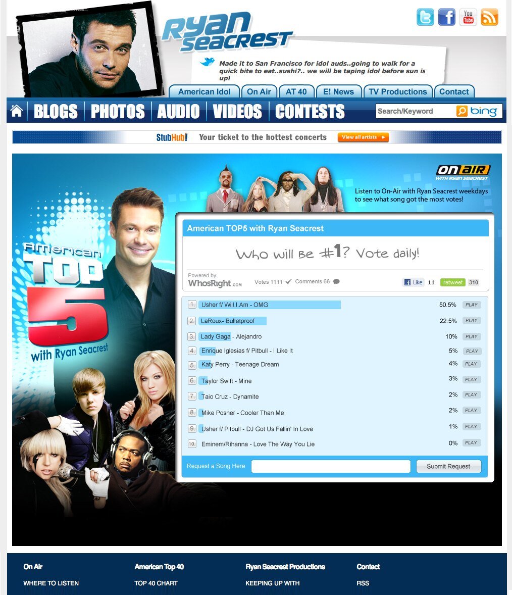 Ryan Seacrest Top 5 audience poll and results interface from the FanGate Media period