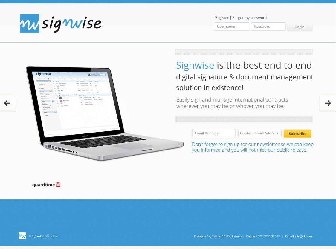 Signwise landing page introducing digital signing and document management, with a laptop preview of the document dashboard